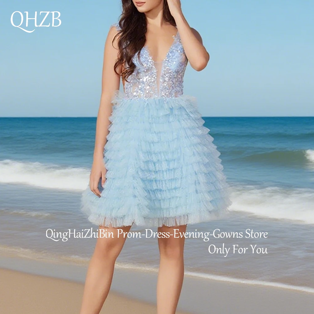 

Customized Short Blue Cocktail Homecoming Dresses Tulle V-Neck Backless Above-Knee Mini Prom Party Vestidos De Graduación 2025