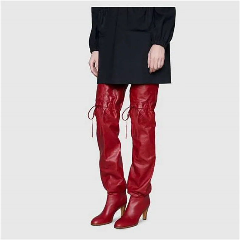 Autumn Winter Newest Slim Fit Red Leather Thigh High Boots Strap Long Spike High Heel Designer Plush Botines Shoes Woman 2023