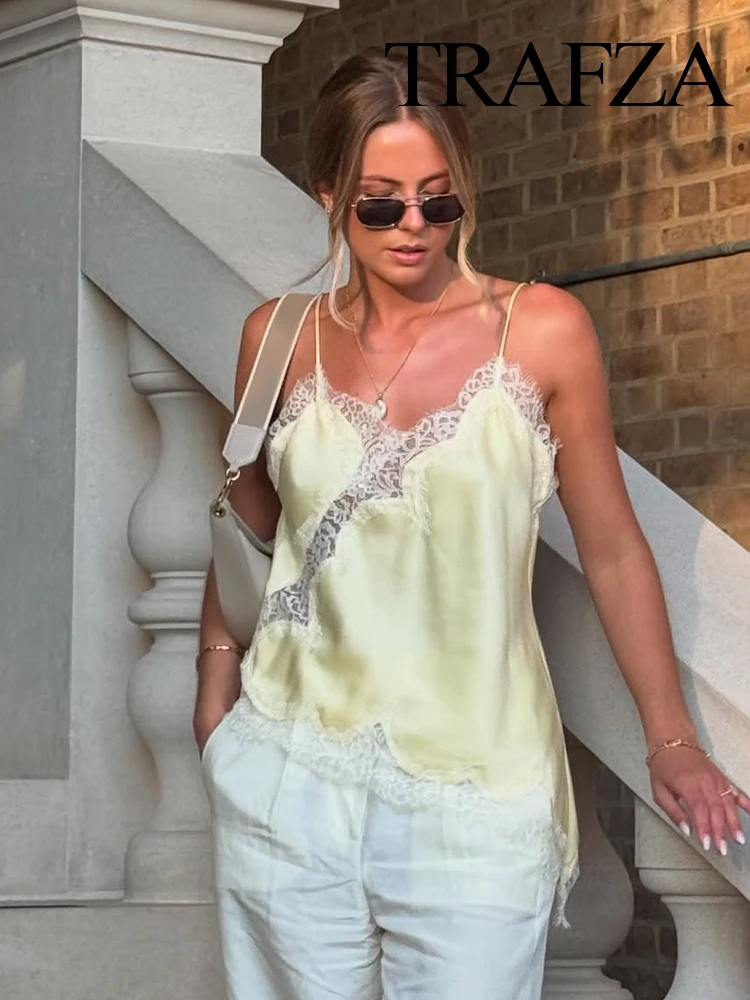 

TRAZFA Women Chic Slim Top Sexy Lace Spliced Suspender Tops V-neck Sleeveless Backless Hollow Asymmetrical Hem Design Sling Top