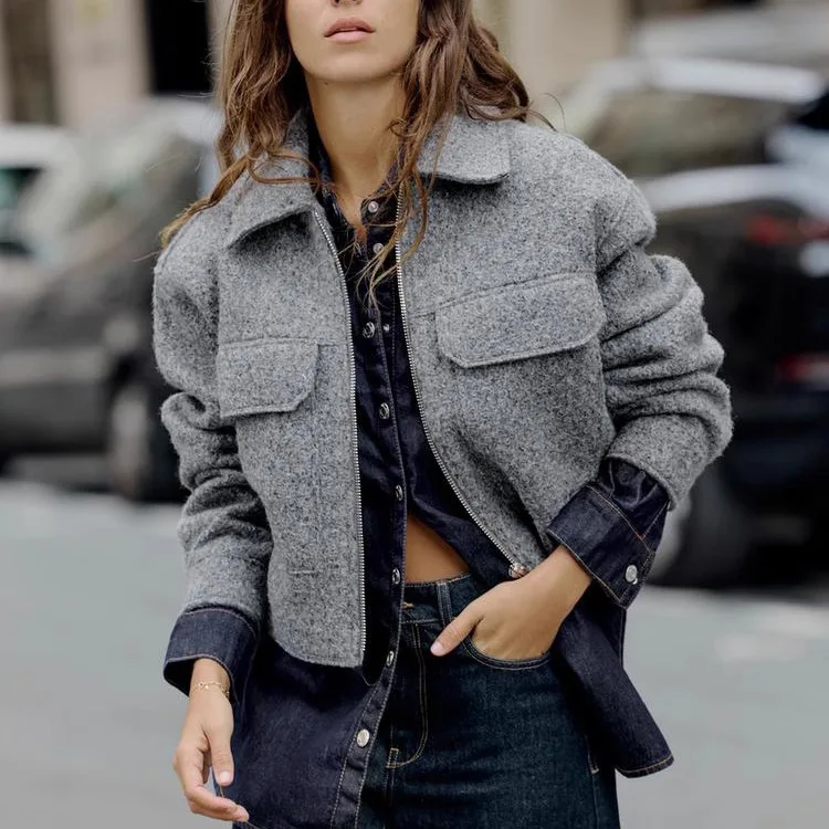 เสื้อโค้ทผ้าขนสัตว์ผสมมุกทรงหลวมแบบใหม่สำหรับฤดูใบไม้ผลิ แขนยาว คอซิป สำหรับผู้หญิง สไตล์ลำลอง เหมาะสำหรับใส่ไปทำงาน