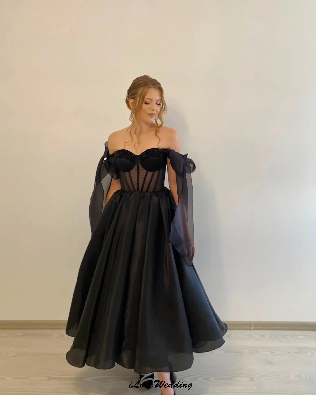 Off The Shoulder Black Organza Evening Dresses Elegant A-Line Woman Party Dress Ankle Length Ruched Bow Formal Gowns Customized