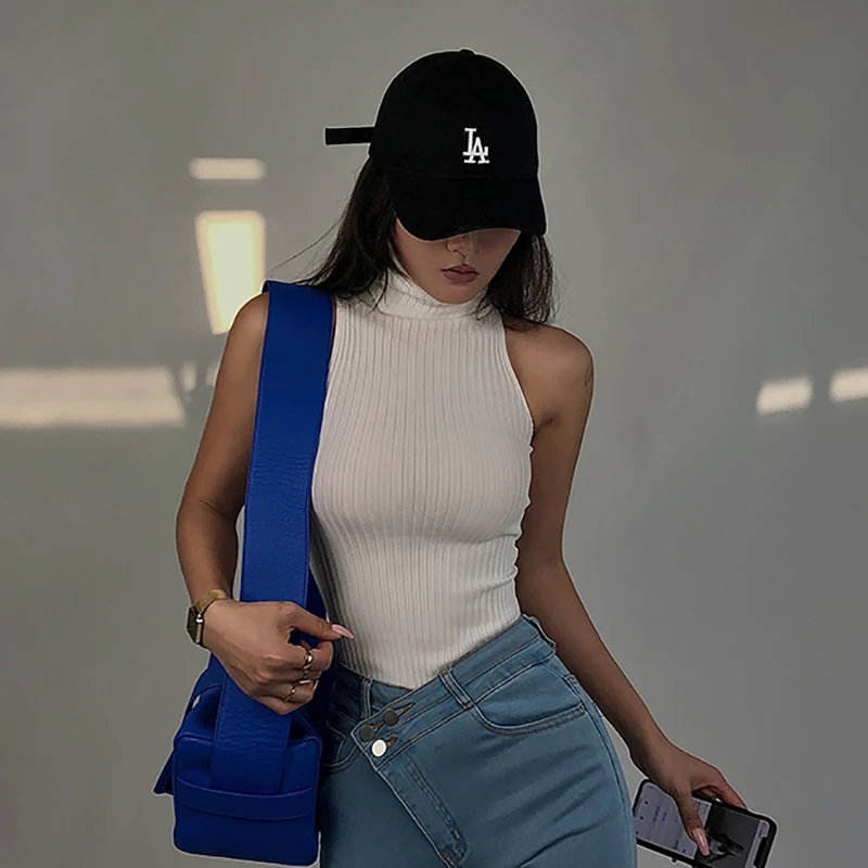 HELIAR Women Black Off Shoulder Tank Tops Turtleneck Y2K Tops Women 2023 Summer Knitted Tees Hot Skinny Round Neck Solid Cloth