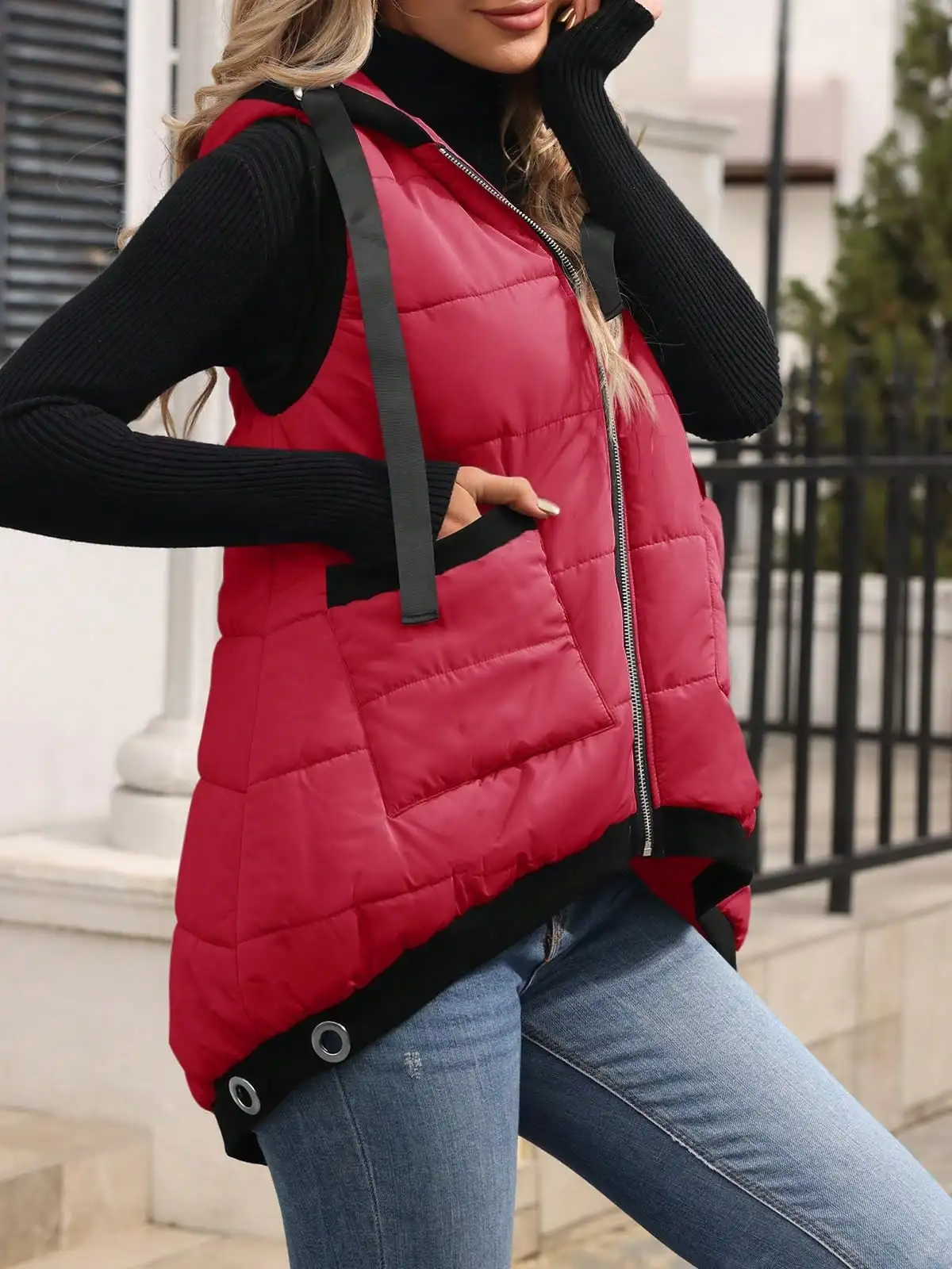여성용 후드 아우터 조끼 가벼운 지퍼업 패딩 조끼 주머니 포함