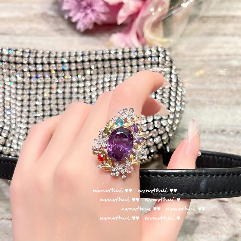 2024 Women Rainbow wreath Gemstone Necklace 18K Gold Plating Grape Purple Zircon Flower Ring Earrings