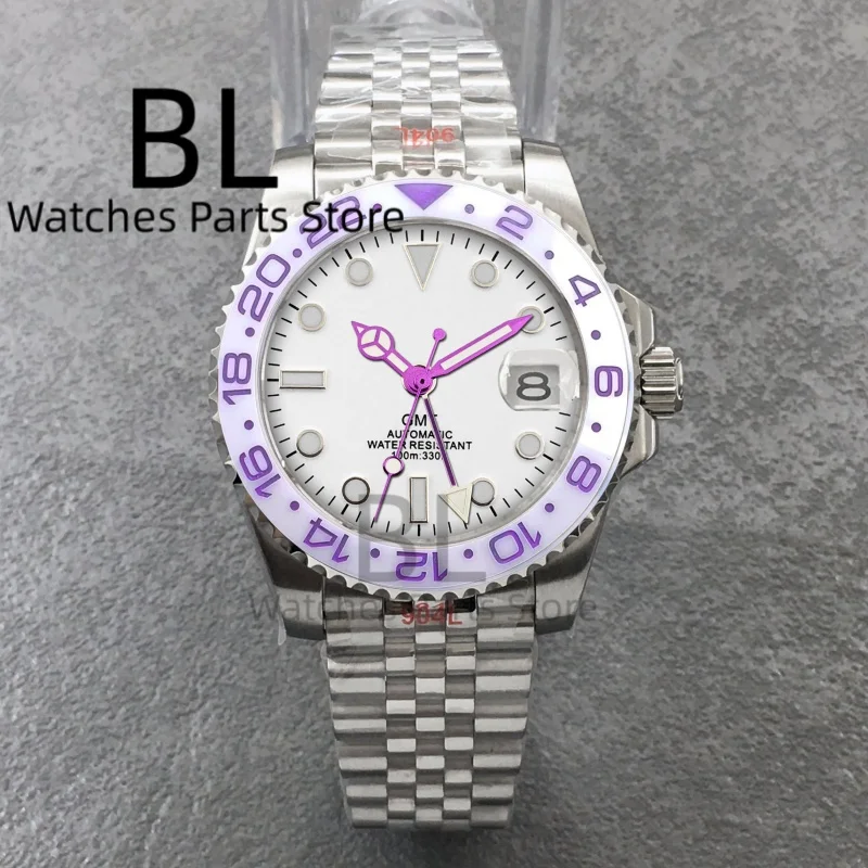 

BLIGER Customizable Logo White Dial Purple GMT 40MM Men's Watch Roating Bezel Sapphire Glass Waterproof Reloj Adjusted Barcelet