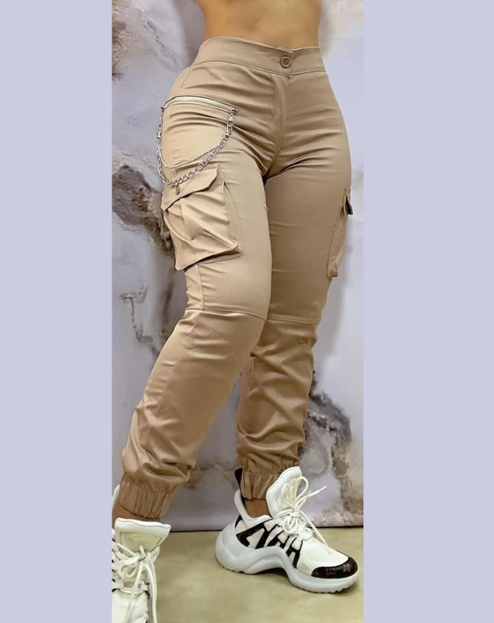 Y2K Streetwear American Cargo Pants Women's High Waisted Slim Fit Chain Pocket Solid Color Casual Daily Hip Hop Cargo Pants