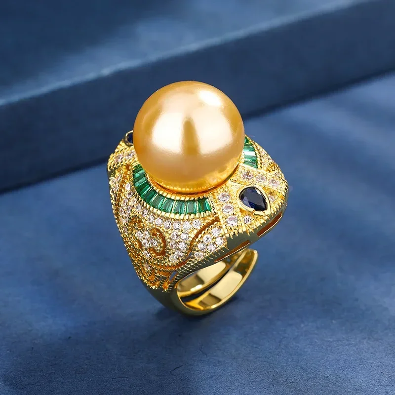 

Adjustable Vintage Inspired White Gold Pearl Rings Embellished with Green Emeralds Blue Sapphires for Women's Fashion Jewelry