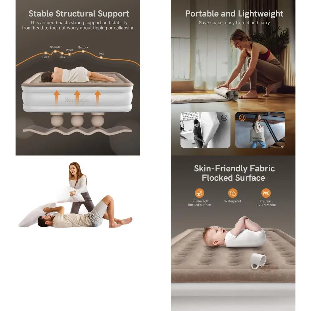 

Upgraded Inflatable Queen Mattress with Integrated Pump, Portable Air Bed for Home and Guests, Comfortable and Durable, 650 lbs