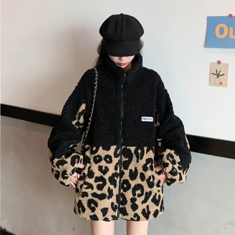 Autumn/winter Womens Patchwork Leopard Print Loose Thick Fleece Coat