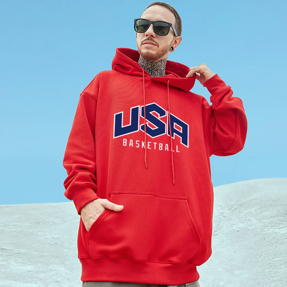 U.S.A Basketball Team Prints Men Long Sleeves Pocket Fleece Warm Cotton Hooded Personality Hip Hop Street Tops Mans Pullover