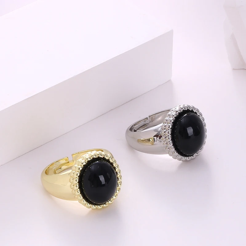 Geometric Round Egg Ring Face Black Agate Retro Elegant Twist Wide Face Mosaic Design Sense Accessories Open Adjustable