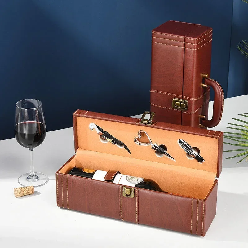High End Leather Red Wine Holder Single Bottle with Cocktail Set Packing Box Best Gift Christmas Decor Wooden
