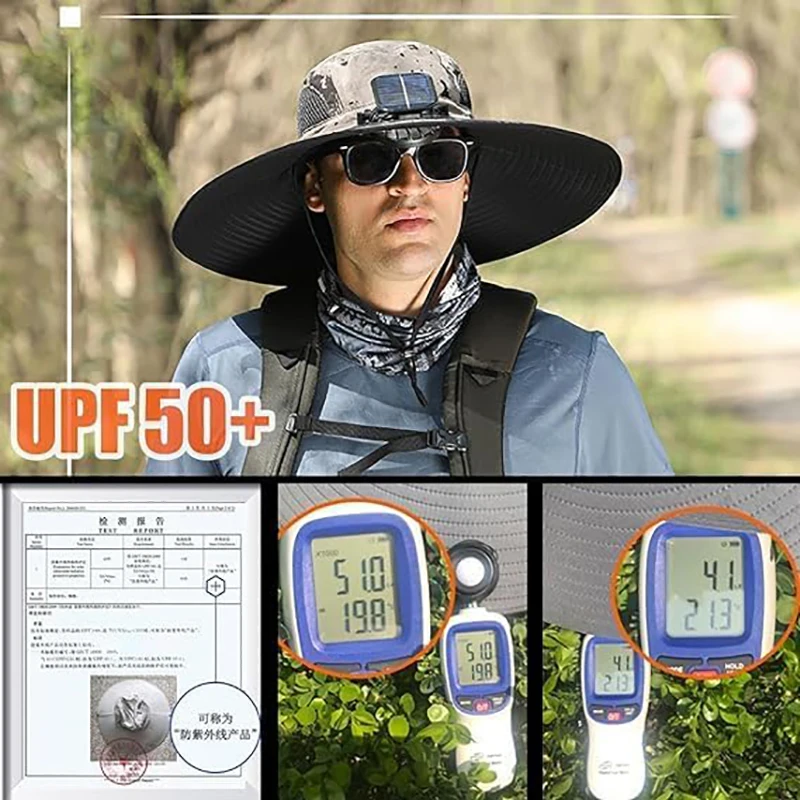 Sombrero de pesca con ventilador Solar de ala ancha para hombre, sombrero de sol con 2 ventiladores solares, protector Solar con ventilador Solar