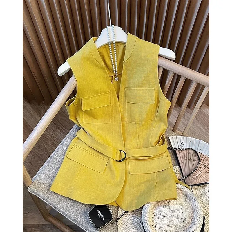 

Лето 2021, желтое хлопковое льняное пальто без рукавов с v-образным вырезом и воротником-стойкой и карманами, свободный мягкий тонкий верхний ремень