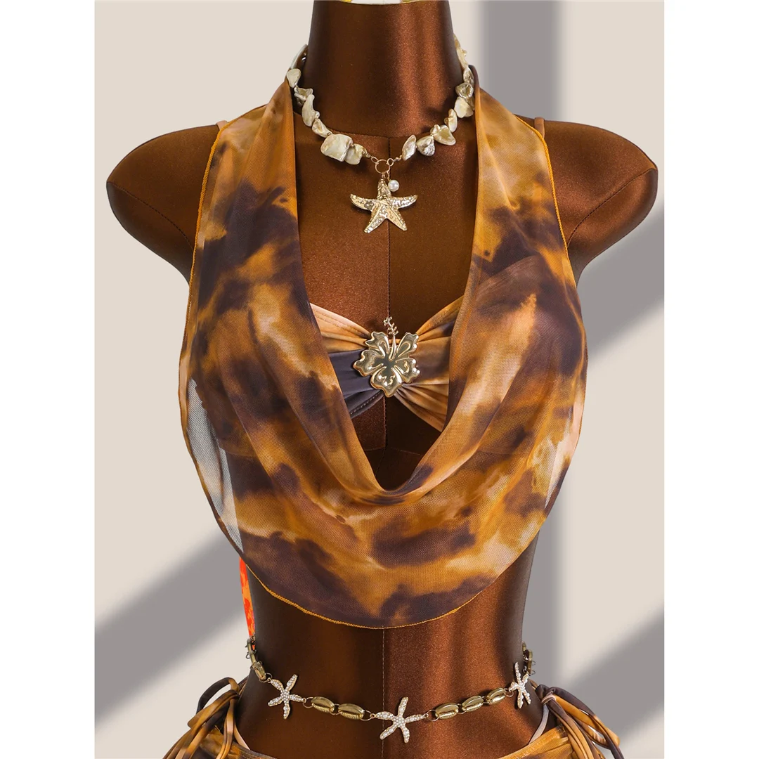 Tie-Dye-Bikini mit Rock, Neckholder-Überwurf, Damen-Badeanzug, Damen-Bademode, vierteiliges Bikini-Set, Badeanzug, Badebekleidung, Schwimmbekleidung V8114 – Detail 11