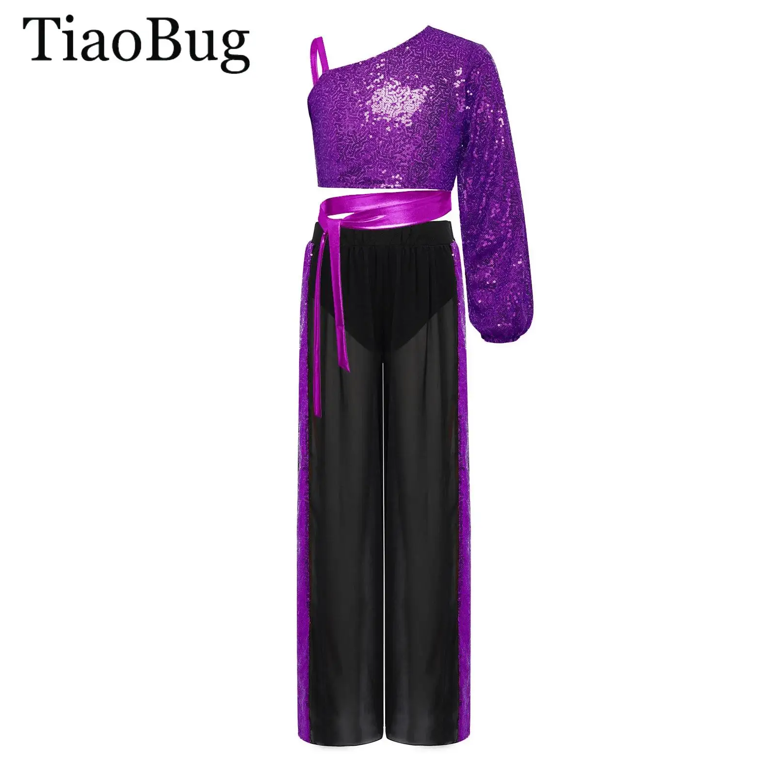 

Girls Glitter Sequins Ballet Lyrical Dance Set One Shoulder Long Sleeve Crop Top And Chiffon Wide-Leg Pants Latin Jazz Dancewear