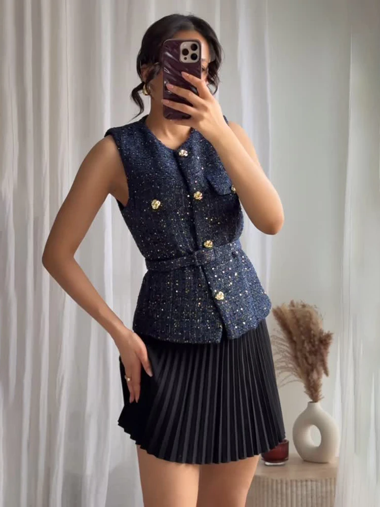 TARUXY Women's Tweed Vest Coat With Belt O Neck Sleeveless Front Button Jacket Coat Fashion Lady Outerwear Sequin Chic Vest Tops