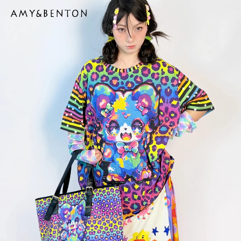 

Original Design Rainbow Animal Print Women's Short Sleeve T-Shirt New Colorful Cotton Loose Slimming Versatile T-Shirts Ladies