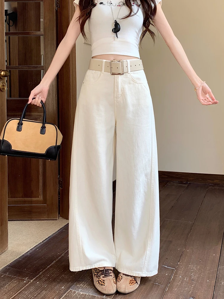 

Женские джинсы с высокой талией и широкими штанинами, укороченные (7/8), в корейском стиле, свободного прямого кроя, бежевые, для весеннего сезона