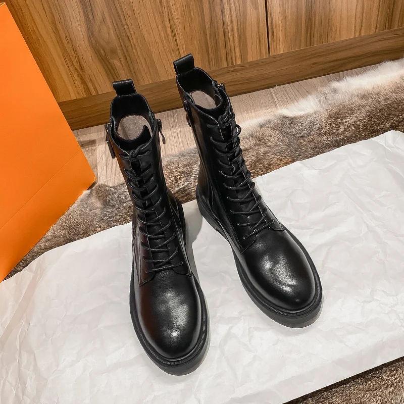 Black Round Head Short Boots Fall Fashion Lace-up Women Shoes Thick Heel Zapatos Mujer Ankle High Botas Femininas