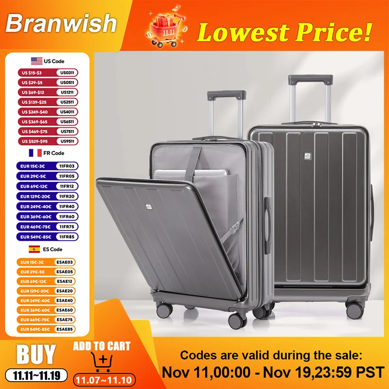 

20/24/26 Inch Multi Functional Front Open Luggage Waterproof Suitcase With Cup Holder Quiet Spinner Wheels for Men Women Travel