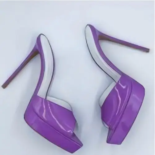 

Sexy Women Lavender White Pink Patent Leather Pointed Peep Toe Platform Shallow Stiletto Heel Modern Slippers Slip On Sandals