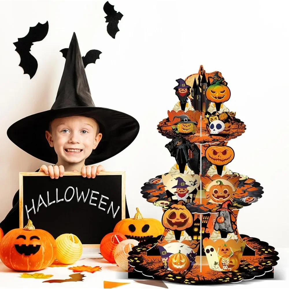 3 Tier Halloween Cardboard Cupcake Stand with 12 Cake Toppers and Wrappers for House Halloween Party Horror Decoration Supplies