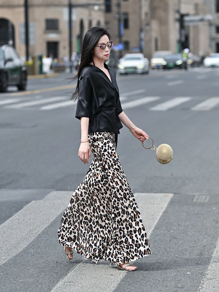 

Autumn Original High-End Acetate Leopard Print Cool Velvet Slimming Extended Bodycon Fi Tail f Skirt Elastic mid Waist K...
