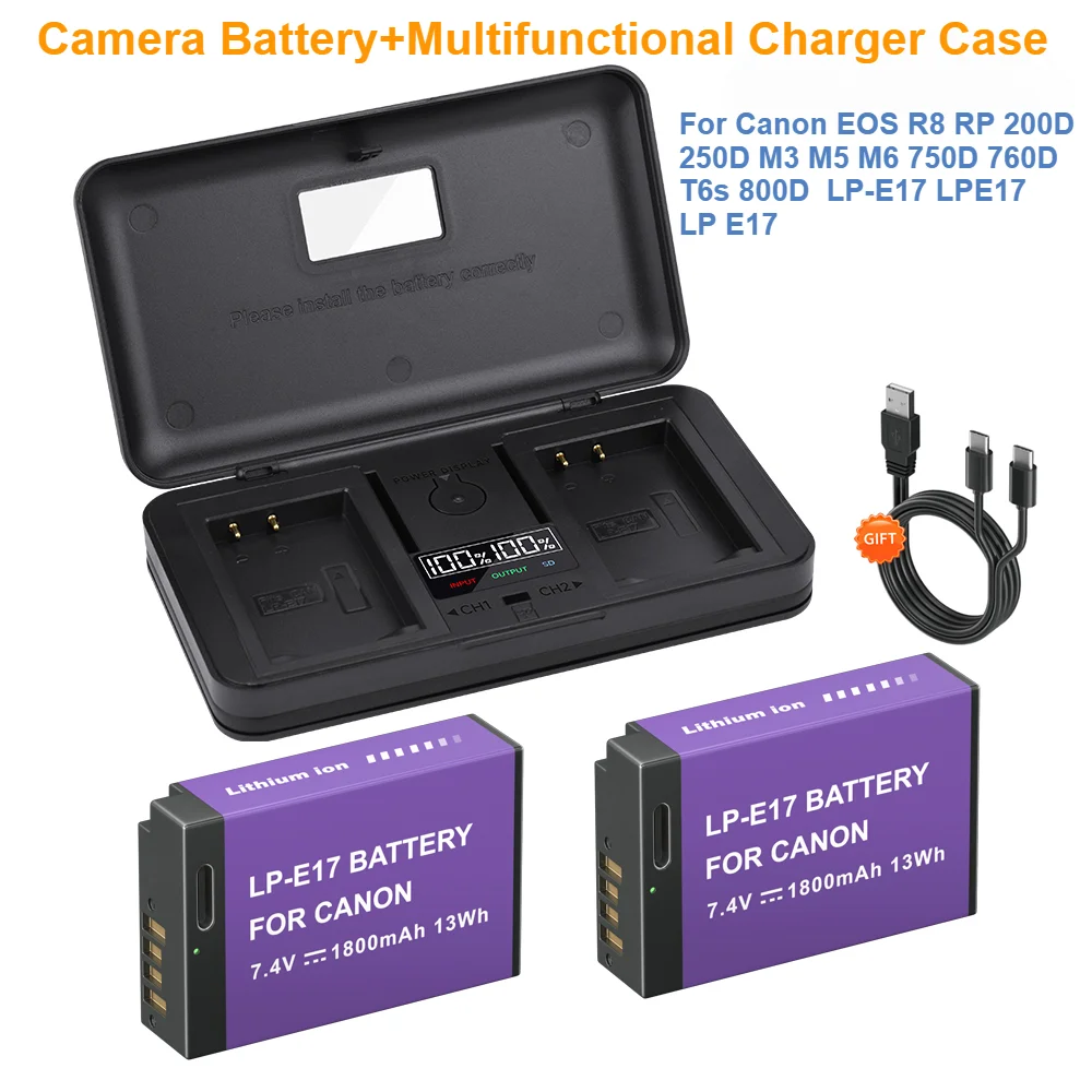 

For Canon EOS R8 RP 200D 250D M3 M5 M6 750D 760D T6s 800D LP-E17 LPE17 LP E17 Camera Battery+Multifunctional Charger Case