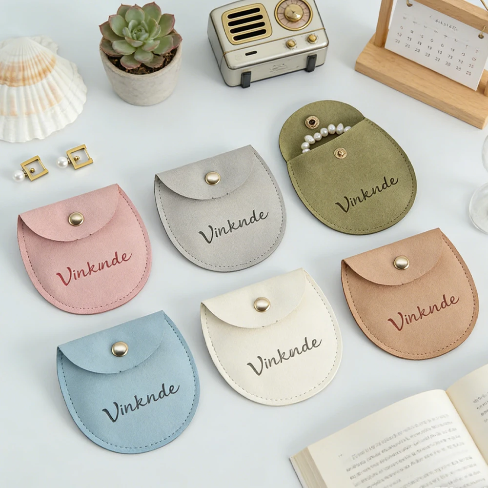 

Custom Logo Velvet Bag Microfiber Snap Button Bags Half Round Shape Packaging Gift Pouches DIY Wedding Jewelry Storage Pouch