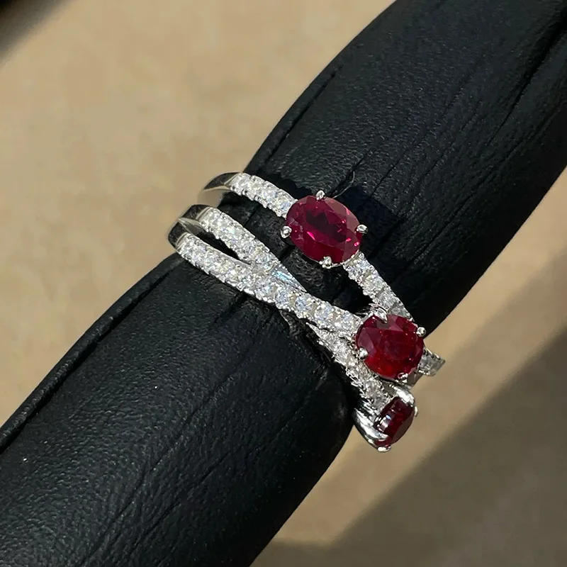 WSHUO البيضاوي قطع روبي عالية الكربون مع مويسانيتي الأحجار الكريمة خاتم الخطوبة للنساء 925 فضة الزفاف غرامة مجوهرات هدية #4