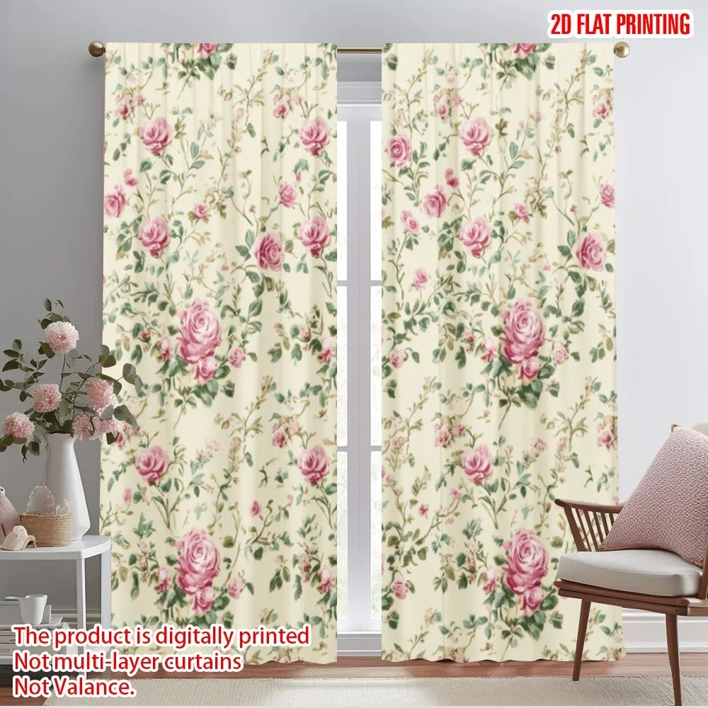 2pcs,2D plane printing Minimalist Curtains Vintage Rose Pattern(1) Versatile Polyester (without rod) Gifts Use for Bedroom,