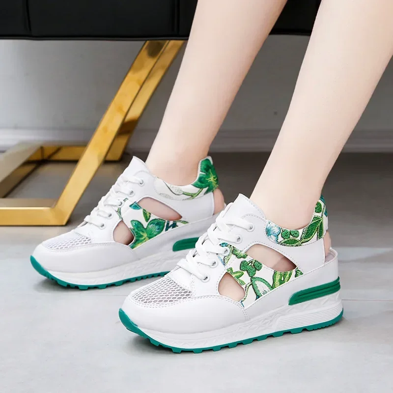 New summer women Casual sports  Breathable Mesh walking Sandals shoes women Outdoor Lace Up Wedges heels shoes Sandals for women