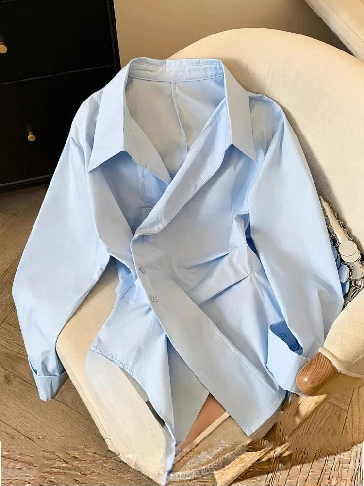 

White Elegant Basic Top Blouse Ladies Fashion Work Wear ShirtsDesigner Irregular Long sleeve Polo Shirt Women Tunic