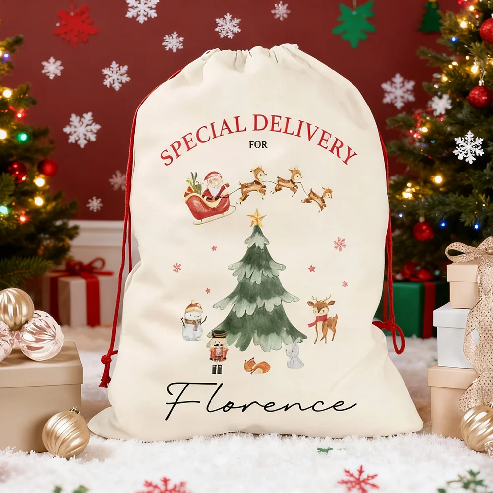 

Personalised Christmas Sack Large Christmas Stocking Watercolour Christmas Present Drawstring Bag Santa Sack New Year for Kids