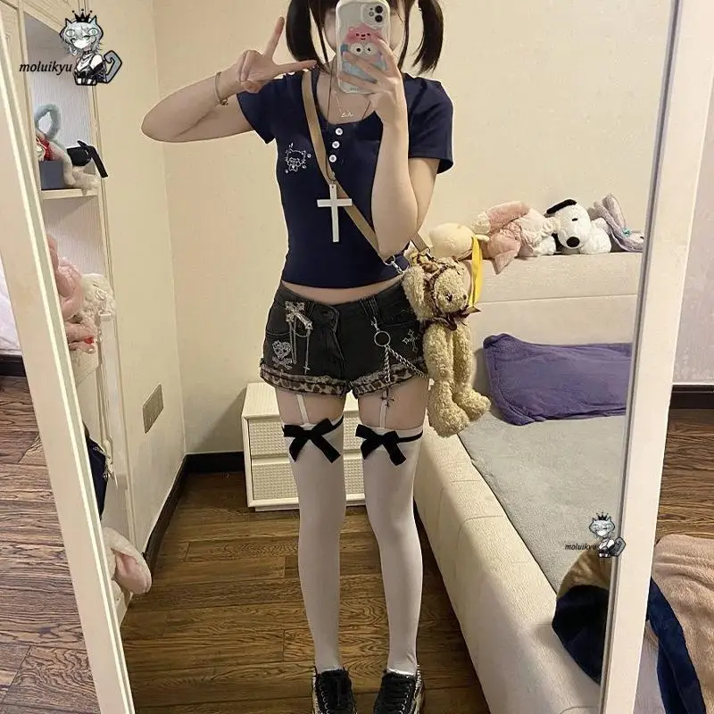 Y2K Women's Denim Shorts Grunge Leopard Print Trim Hot Pants Rhinestone Cross Chain Gothic Low Waist Jean Shorts for Alt Girls