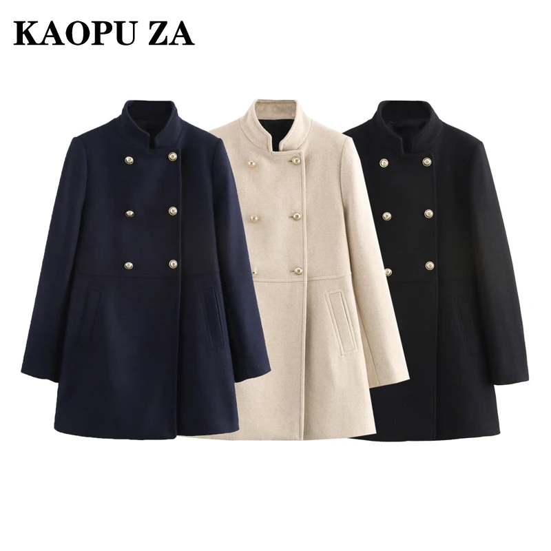 

KAOPU ZA 2024 Autumn/Winter Woman's Casual Stand Collar Long Sleeve Mid-length Jacket Coat Female Vintage Solid Color Button Top