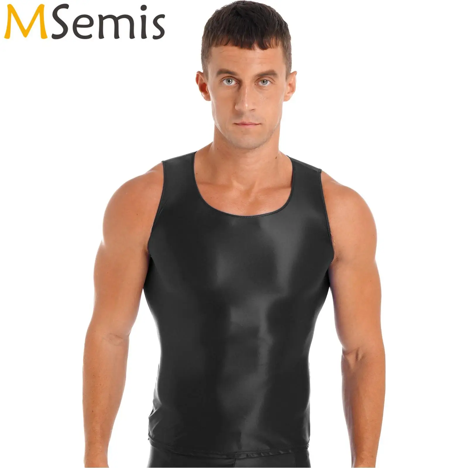 Mens Glossy Smooth Solid Color Tank Top Bodybuilding Vest Tops Swimwear Male Clothing Stretchy Sleeveless Sportswear