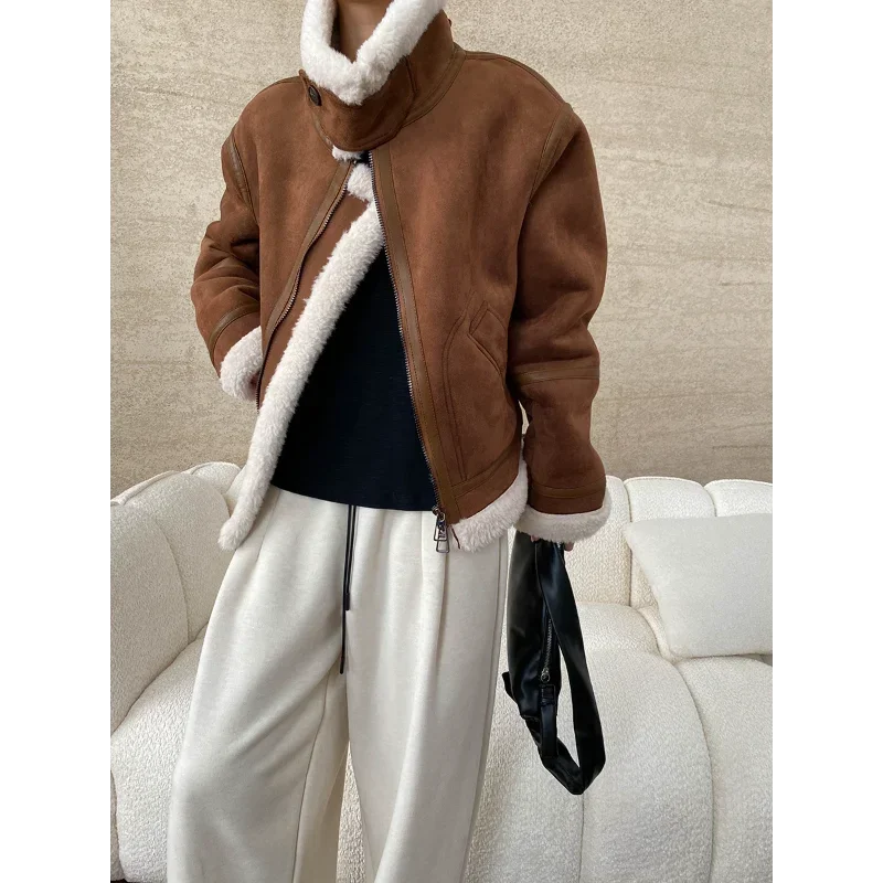 Imitation Lamb Wool Stitching Motorcycle Suit Fur One Coat Women Warm Fashion Casual Loose Autumn Winter Brown Fake Fur Jacket