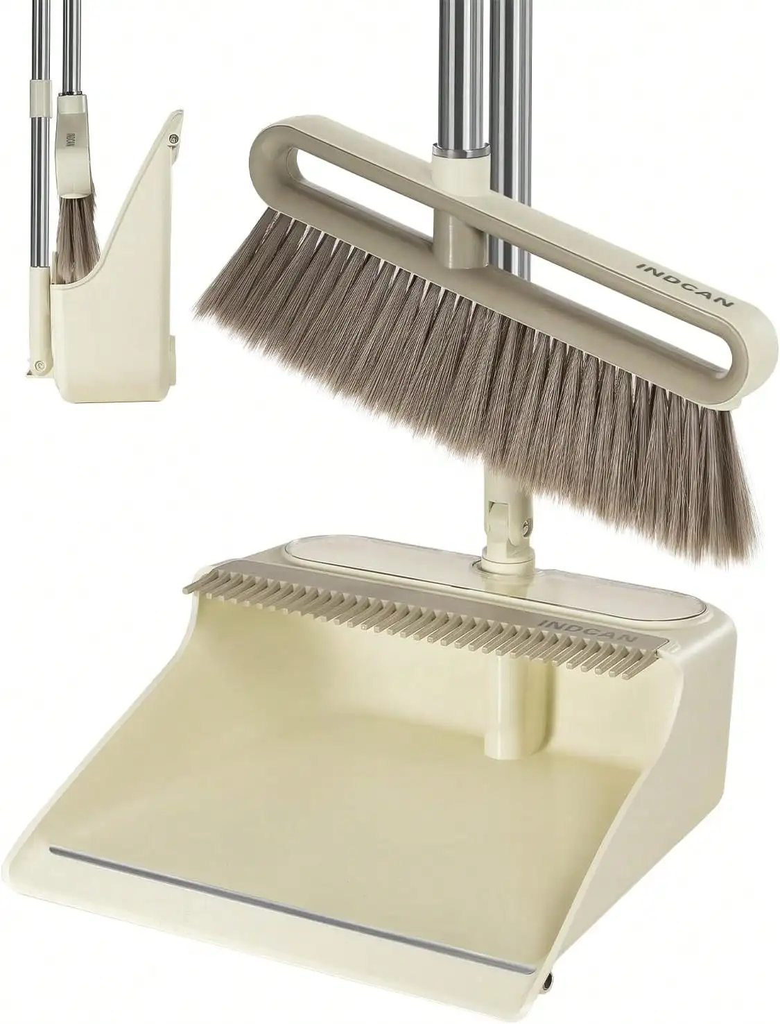 

Broom And Dustpan Set With 52" Adjustable Long Handle, Upright Standing Dustpan With Comb Teeth, Foldable Dustpan, Angled Broom Head For Corners, Indoor Floor Sweeping Set