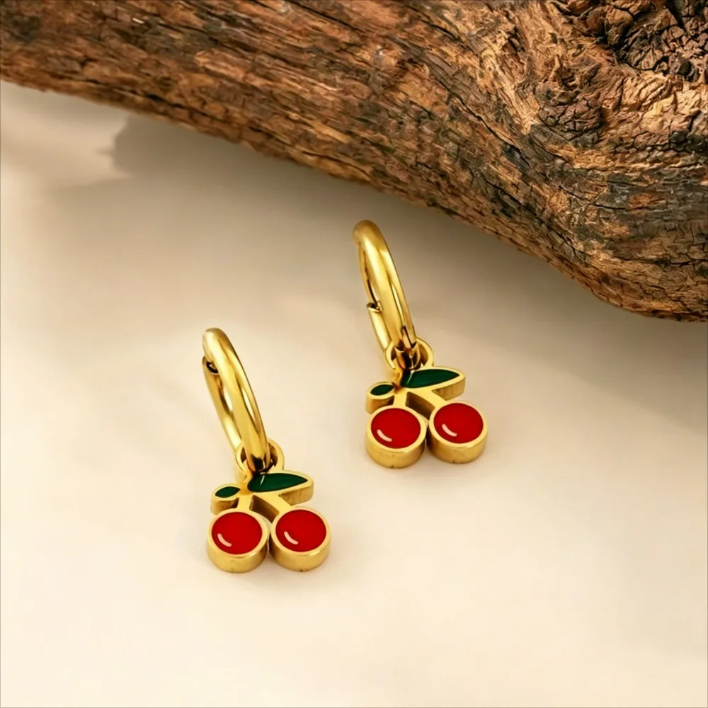 Gold Plated Stainless Steel Enamel Cherry Charm Huggie Hoop Earrings Tarnish Resistant Hypoallergenic Cute Fruit Jewelry for Wom