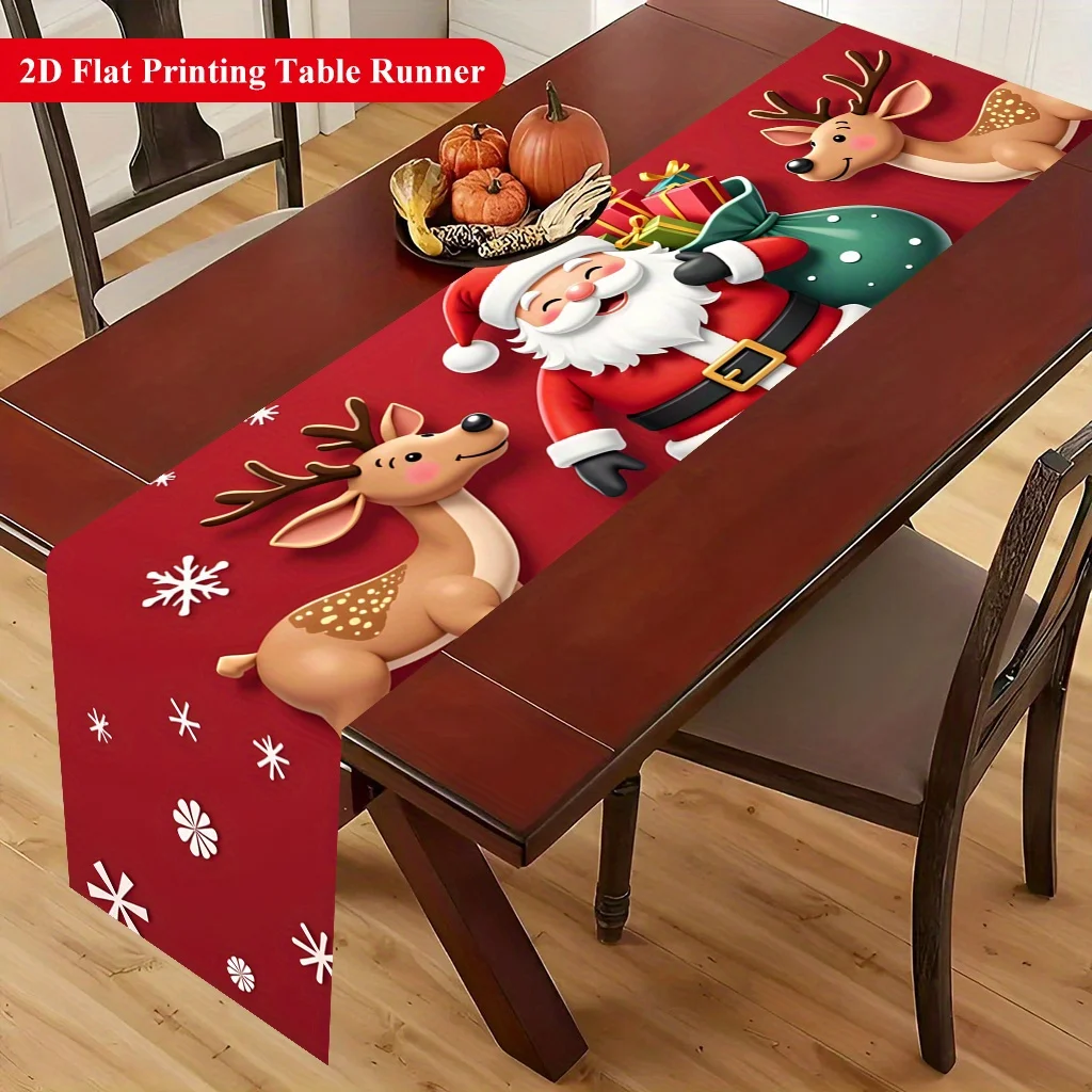 1pc 2D Flat Santa Claus and Reindeer Christmas Polyester Table Runner, Rectangular Table Decor for Dining Table Coffee Table, Ho