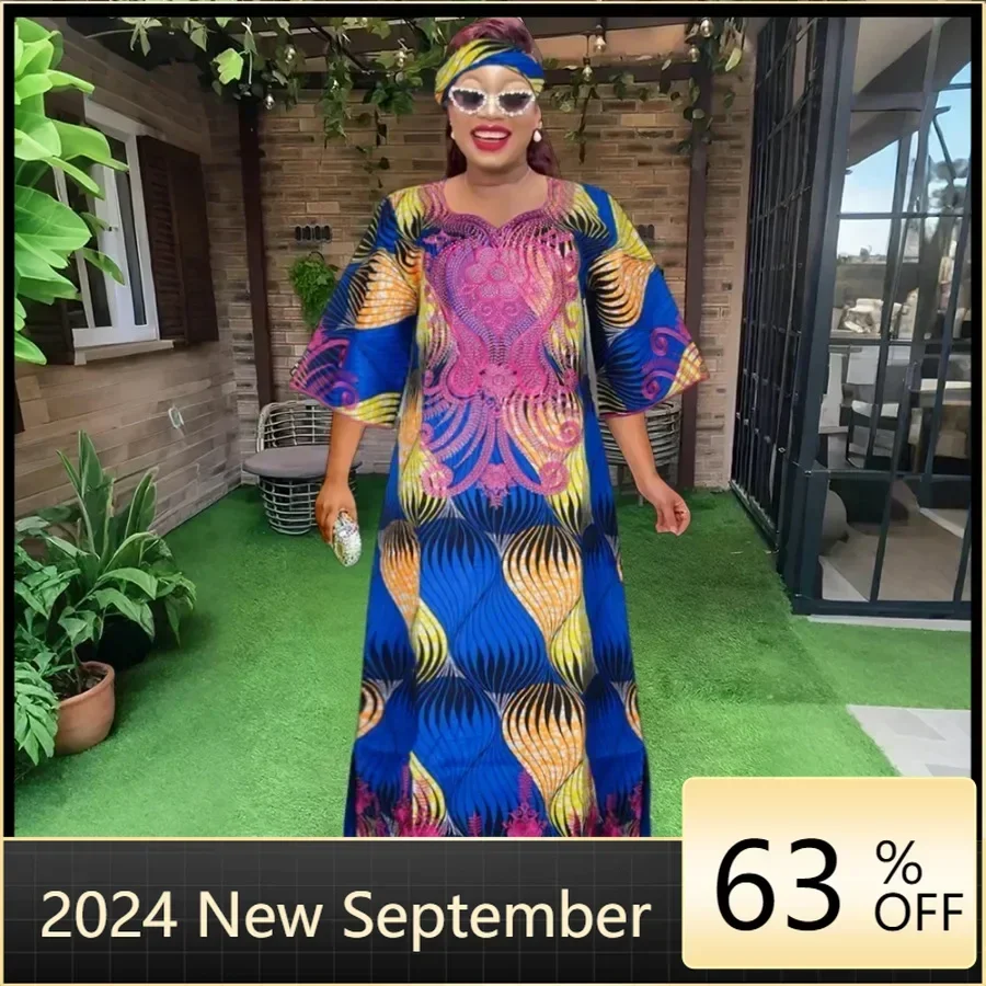 

Plus Size African Clothes for Women 2024 New Dashiki Ankara Embroidery Bazin Riche Design Wedding Party Dresses with Headscarf