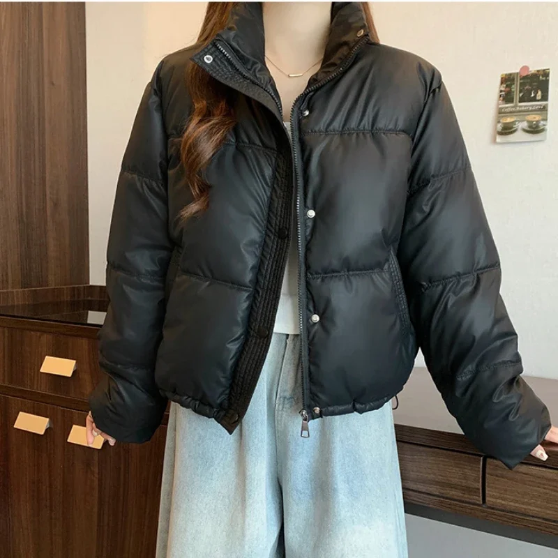 Winter Cropped Jacket Women Clothing Warm Puffer Jackets Parkas Chic Stand-up Collar Drawstring Thick Cotton-padded Jacket New