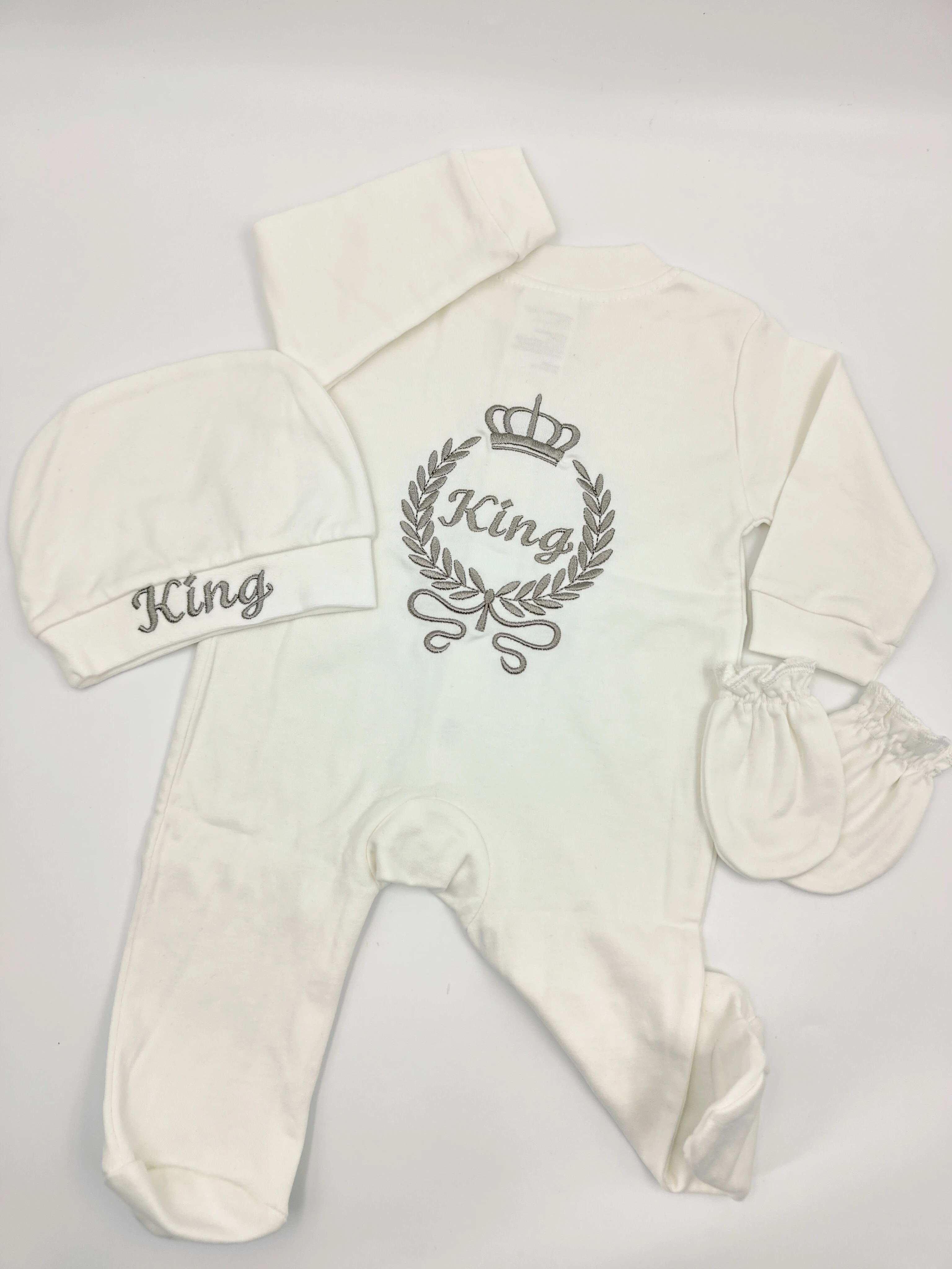 Royal Coronation Style Baby 3Pcs Silver Embroidery King Romper Set Newborn Exclusive Ceremony Footed Onesie