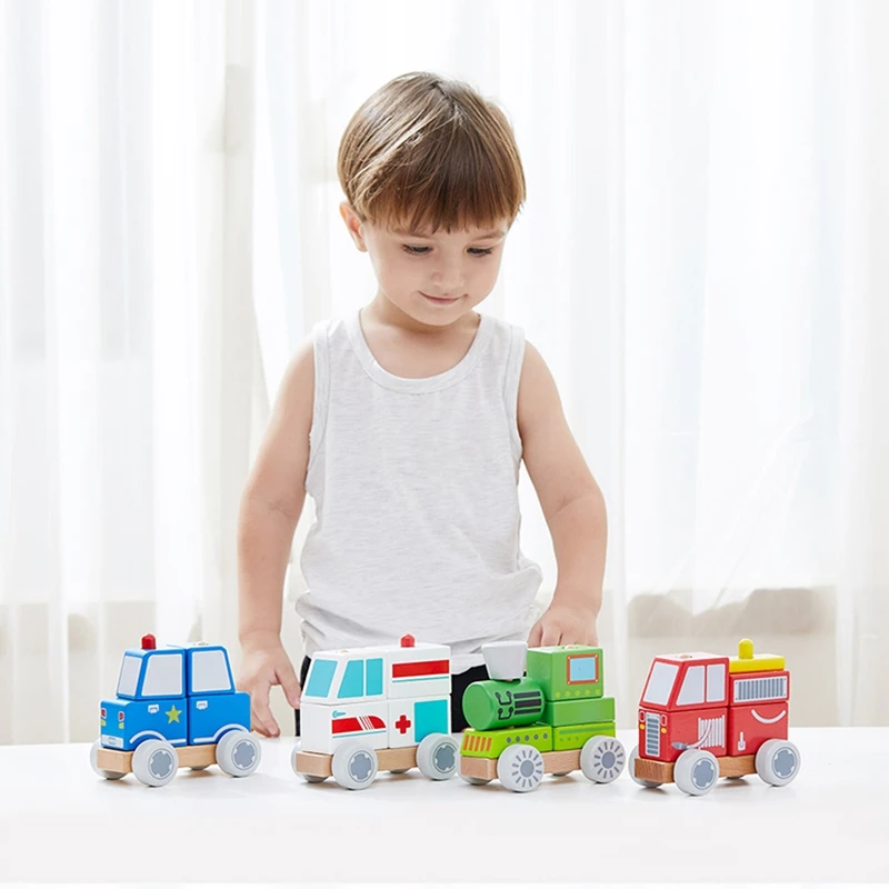 Wooden Toy Car for Kids Assemble DIY Toys Fire Truck Engineering Vehicle Ambulance Police Car Toys for Toddlers - Green