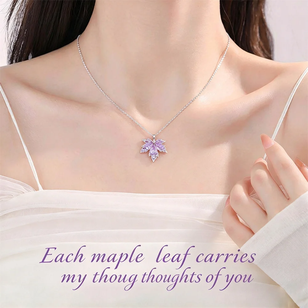 OUYADI S925 Sterling Silver Maple Leaf Necklace for Women,Luxury Purple Zirconia Pendant Clavicle Chain Romantic Jewelry Gift
