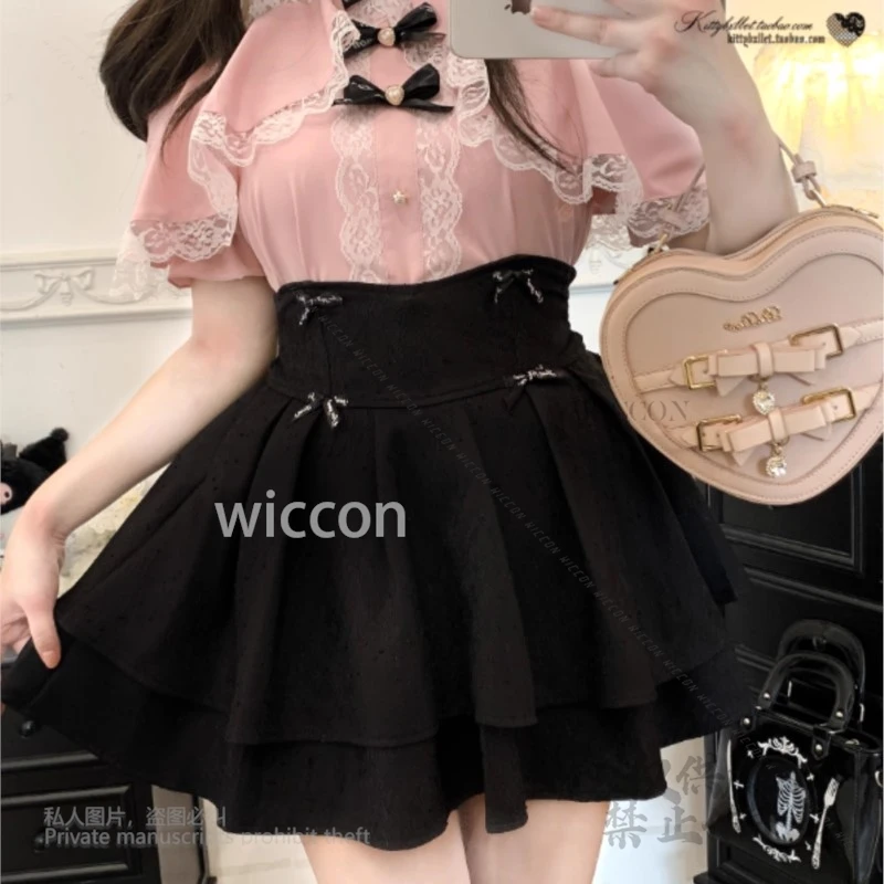 منجم النمط الياباني 3-ألوان الدانتيل لوليتا فستان موضة خارج على الكتف قصيرة الأكمام القوس قميص ملابس النساء Y2K Jirai Kei الطرف