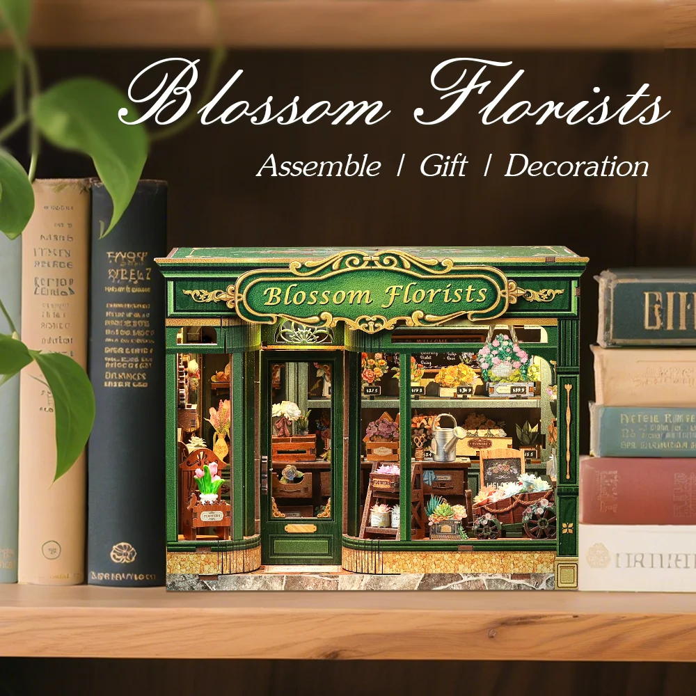 CUTEBEE Book Nook Kit 3D DIY Dollhouse with LED Light Bookshelf Insert Street Shop Series Miniature Model For Home Party Decor
