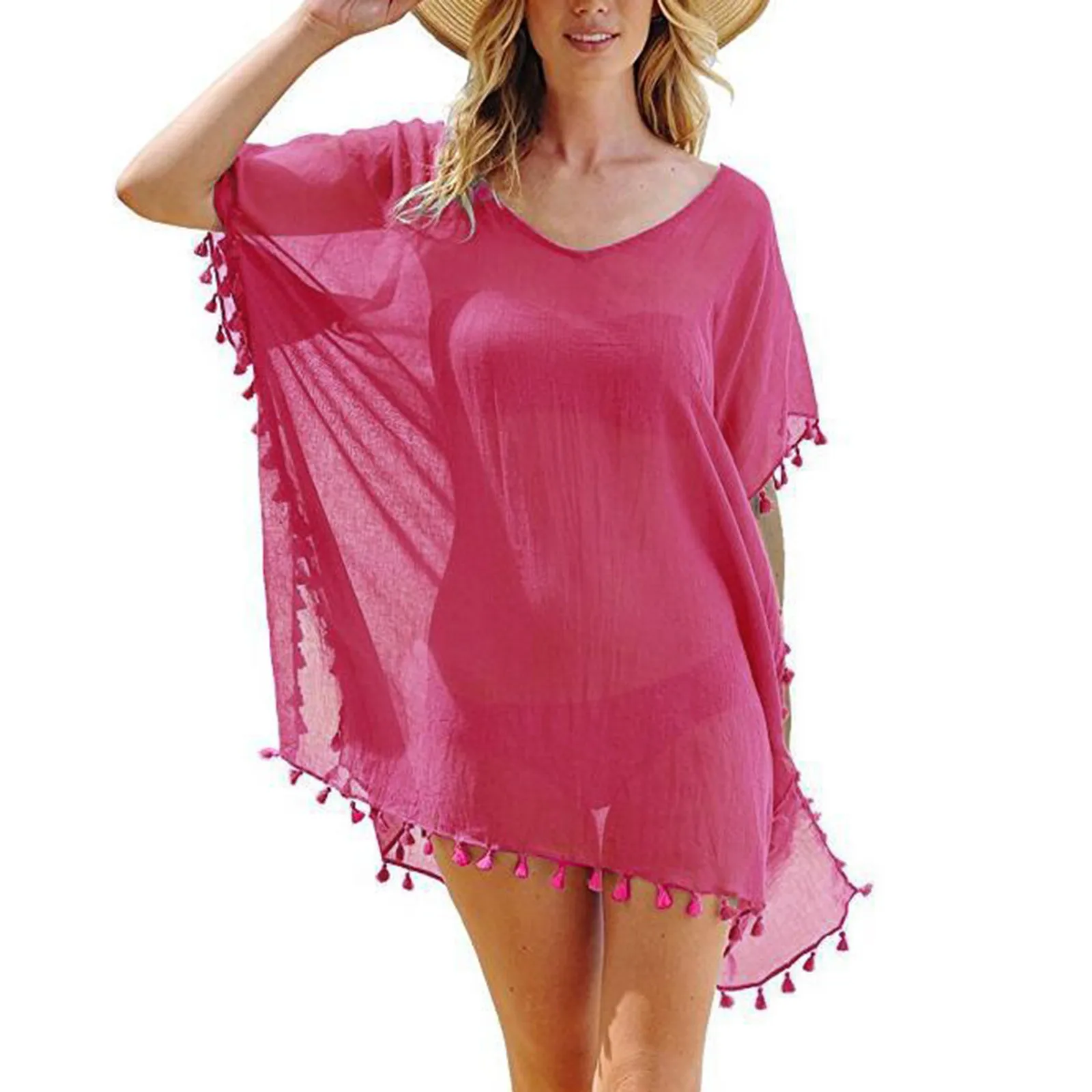 Women Chiffon Tassels Swimsuit Cover Up Sexy Bikini Beach Cover Ups Chiffon Blouse Summer Solid boho Beach Dress robe de plage